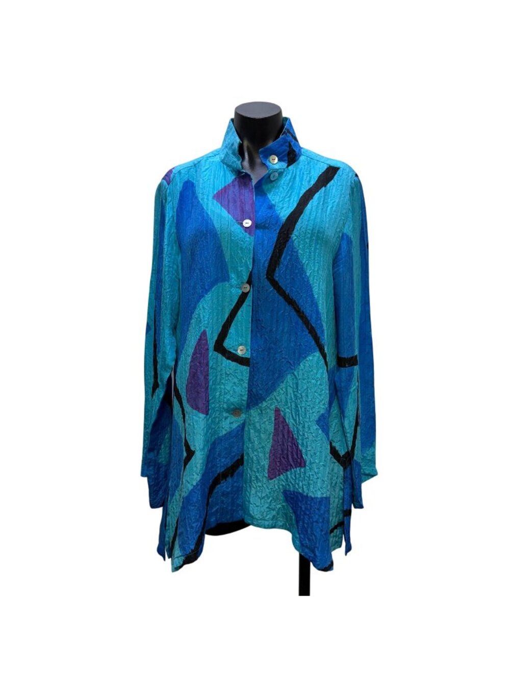 Alexis Abrams Silk Blouse Blue & Purple Geometric Pattern M